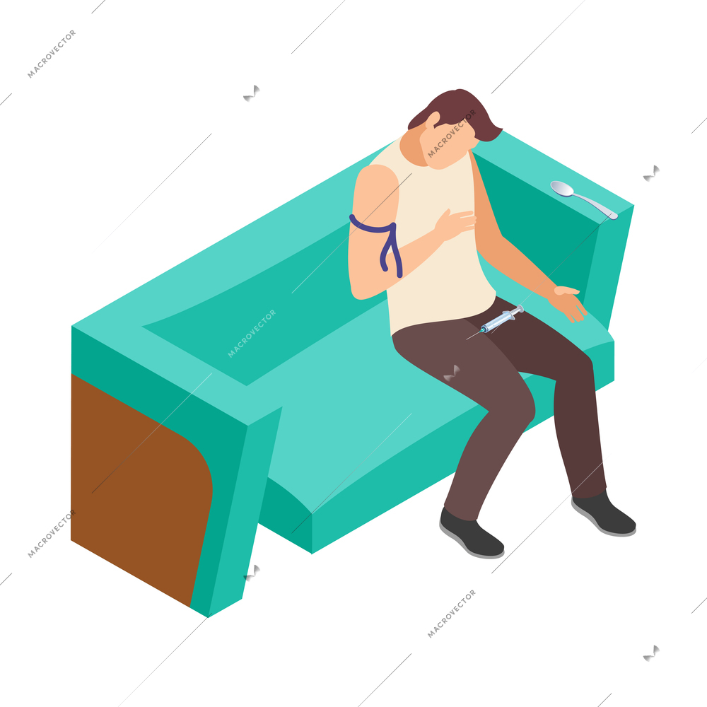 Isometric concept of drugs addiction with heroine addicted man on sofa after taking dose 3d vector illustration