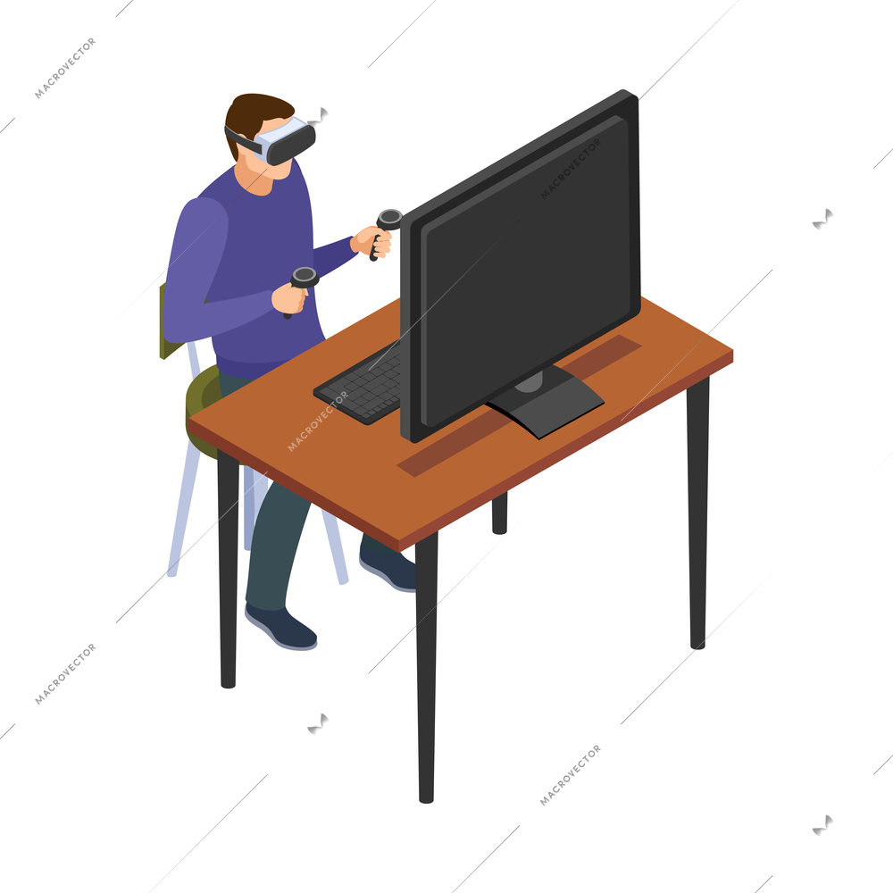 Gamer wearing vr glasses playing on computer 3d isometric vector illustration