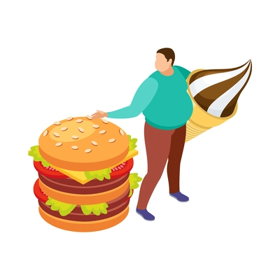 Isometric gluttony food addiction isometric concept with obese character holding giant ice cream and burger 3d vector illustration