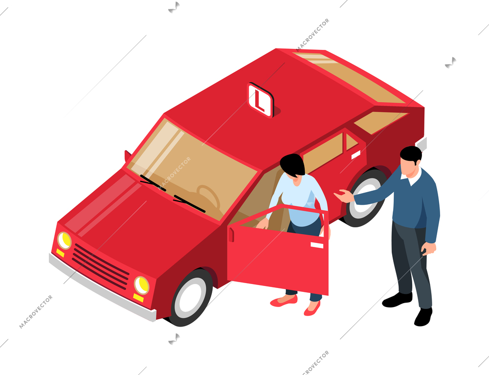 Instructor and driving school student getting into car 3d isometric vector illustration