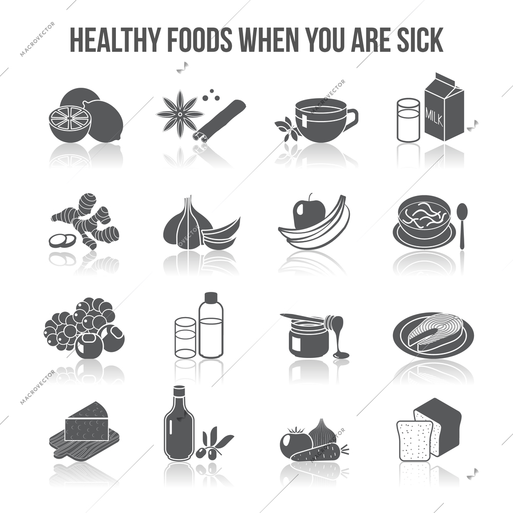 Healthy food for sick people black icons set with citrus spices tea milk isolated vector illustration