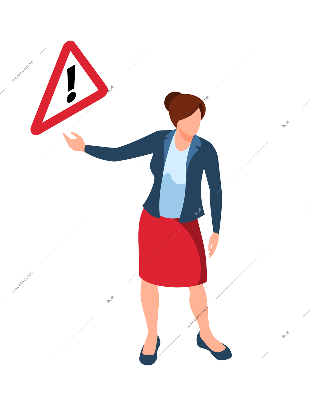 Isometric female character of driving instructor and warning road sign 3d vector illustration