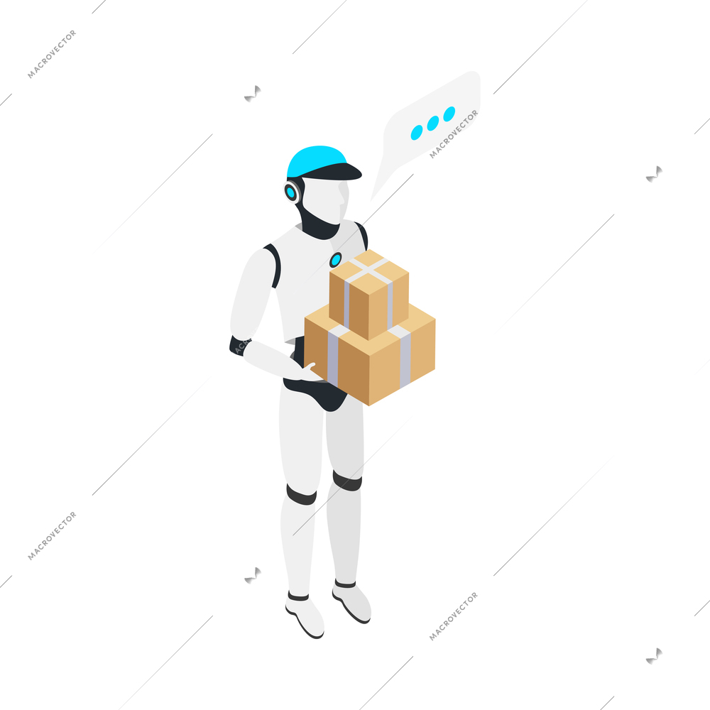 Isometric delivery robot holding parcels 3d vector illustration