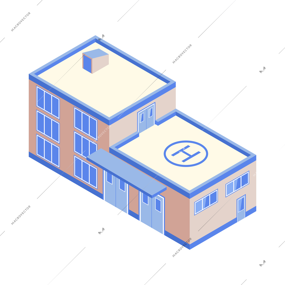 Isometric modern urban hospital building with helipad 3d vector illustration