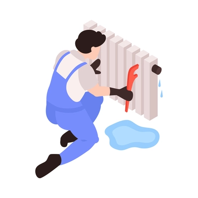 Home repair isometric icon with worker in uniform fixing leaking radiator with wrench 3d vector illustration