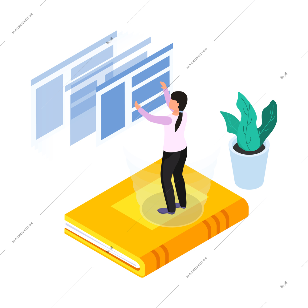 Online education electronic books isometric icon with human character and screens 3d vector illustration