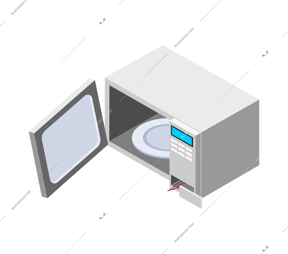 Isometric broken microwave oven on white background 3d vector illustration