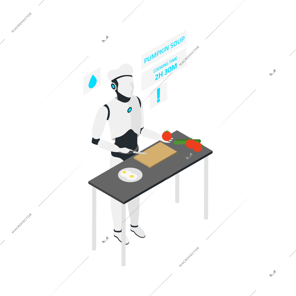 Isometric intelligent home robot cooking soup in kitchen 3d vector illustration