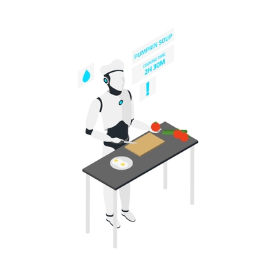 Isometric intelligent home robot cooking soup in kitchen 3d vector illustration