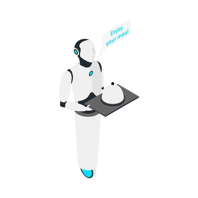 Isometric robot waiter or home helper holding tray with meal and communicating 3d vector illustration