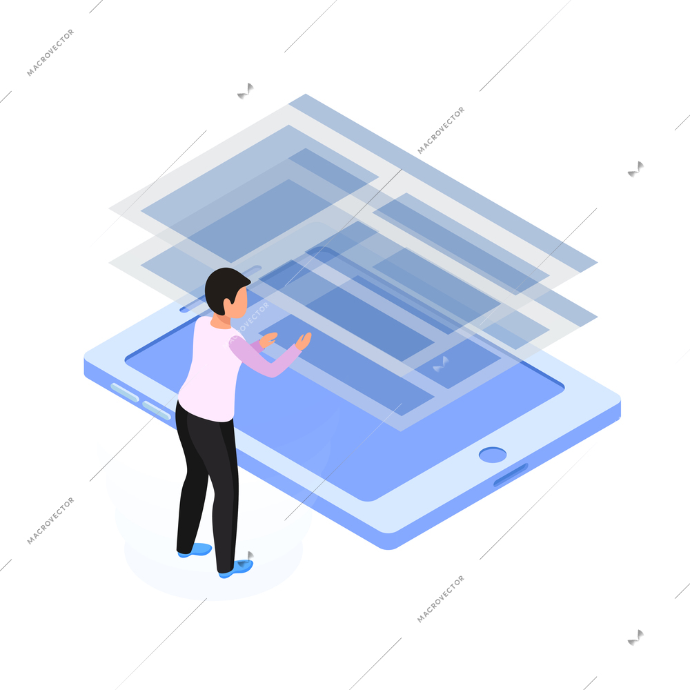 Online education concept icon with human character and tablet 3d isometric vector illustration