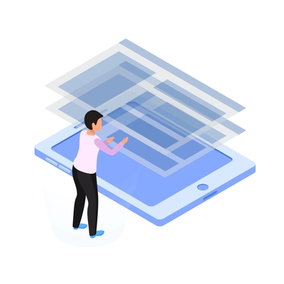 Online education concept icon with human character and tablet 3d isometric vector illustration