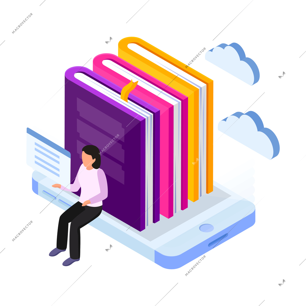 Online education isometric icon with character of student books and tablet 3d vector illustration