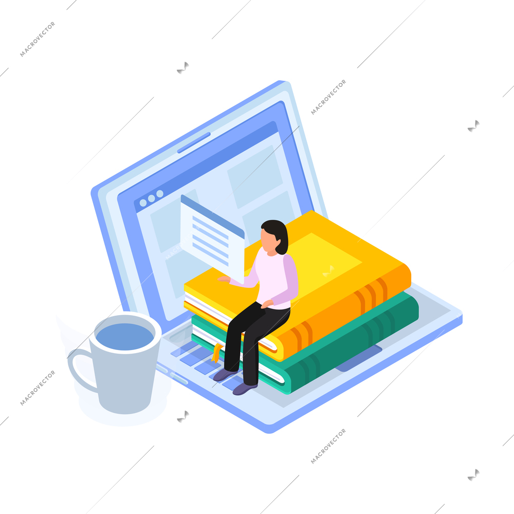 Online education isometric icon with 3d laptop books student cup 3d vector illustration