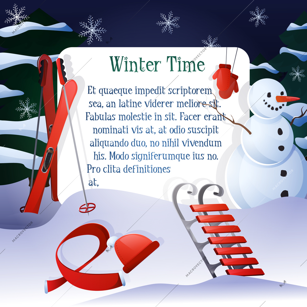 Winter time poster with snowman ski sledge and trees on background vector illustration