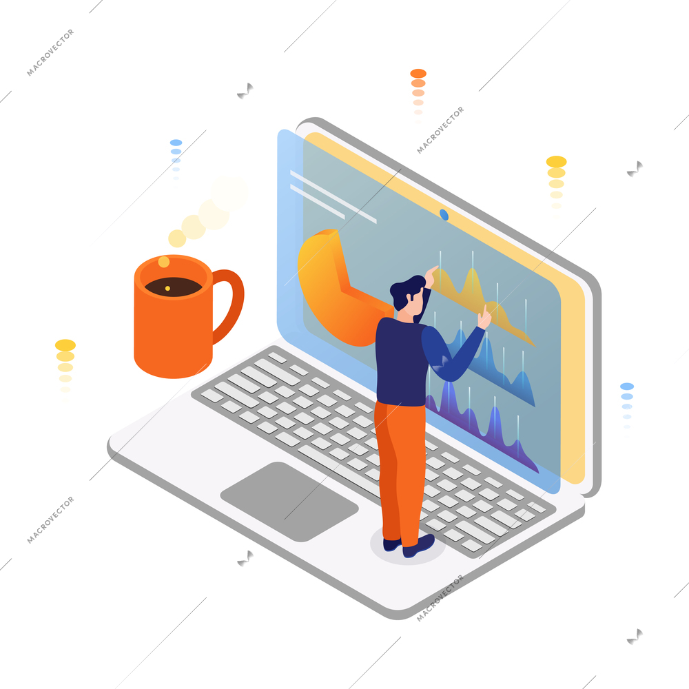 People and interface isometric icon with male character using laptop 3d vector illustration