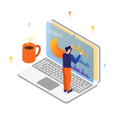 People and interface isometric icon with male character using laptop 3d vector illustration