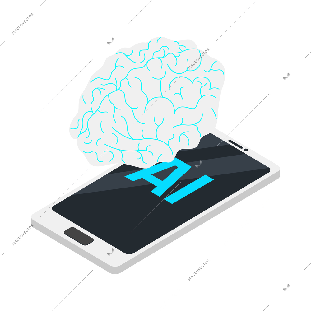 Artificial intelligence isometric concept icon with brain and smartphone 3d vector illustration