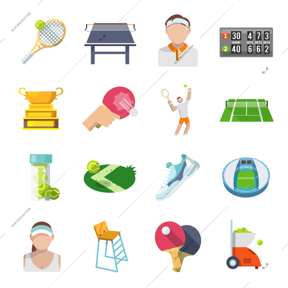 Tennis sport game icons set with trophy court players isolated vector illustration