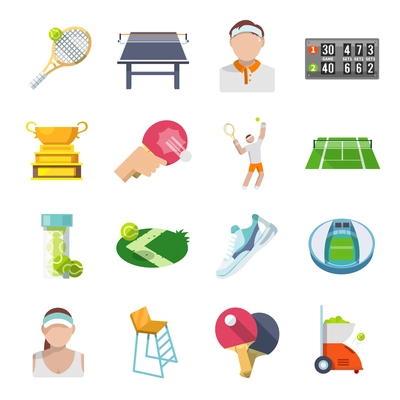 Tennis sport game icons set with trophy court players isolated vector illustration