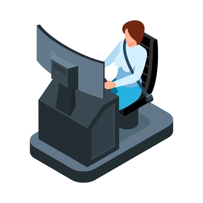 Isometric woman using driving car simulator 3d vector illustration