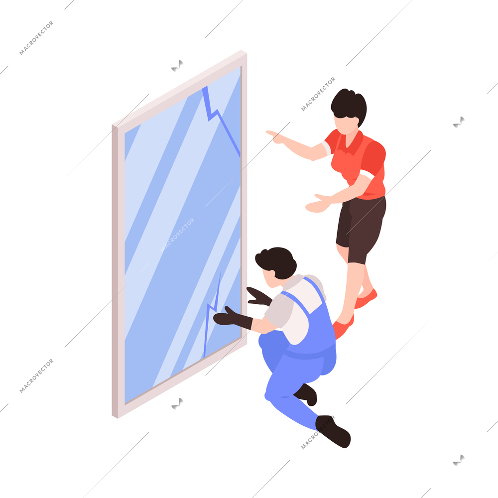 Repair service worker and female client with new window 3d isometric vector illustration