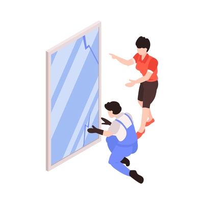 Repair service worker and female client with new window 3d isometric vector illustration