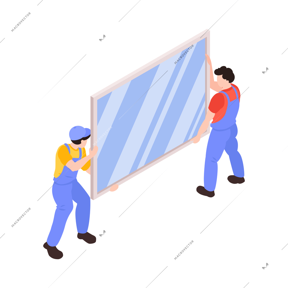 Home renovation isometric icon with two workers carrying new window 3d vector illustration