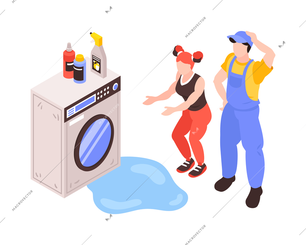 Worried woman showing leaking washing machine to plumbing specialist 3d isometric vector illustration
