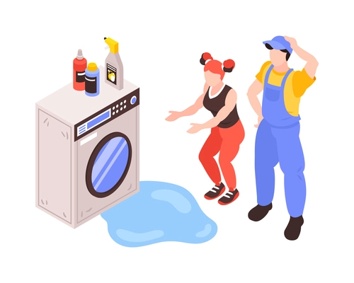 Worried woman showing leaking washing machine to plumbing specialist 3d isometric vector illustration