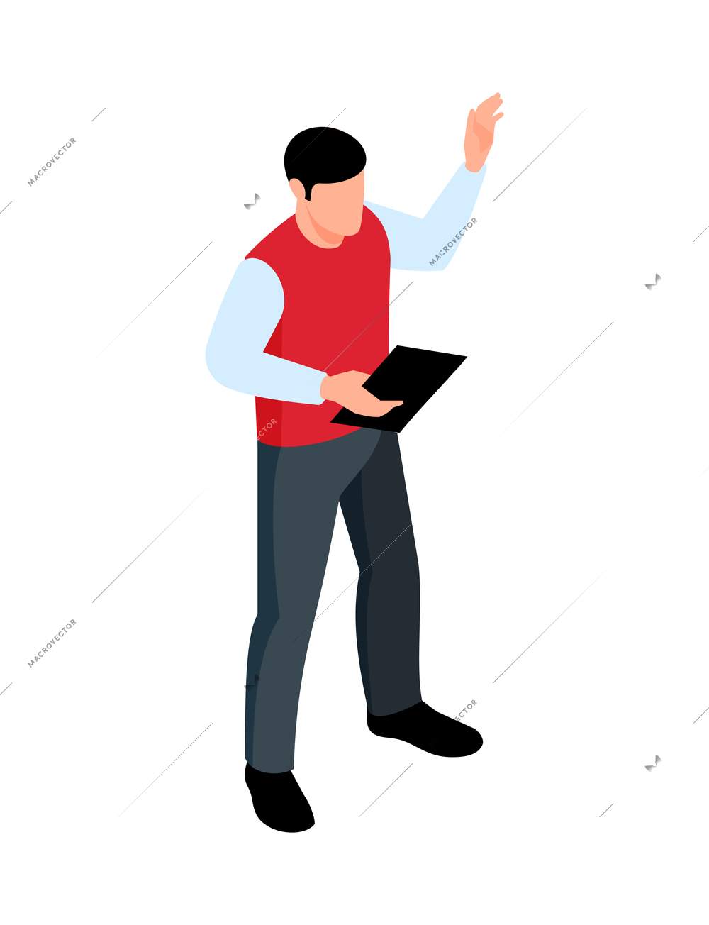 Isometric faceless man wearing casual clothes holding card or book with hand up 3d vector illustration