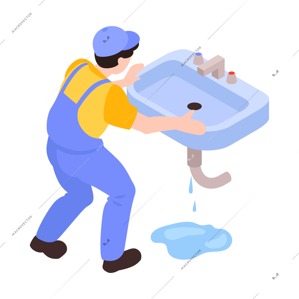 Plumber from repair service fixing leaking sink 3d isometric vector illustration