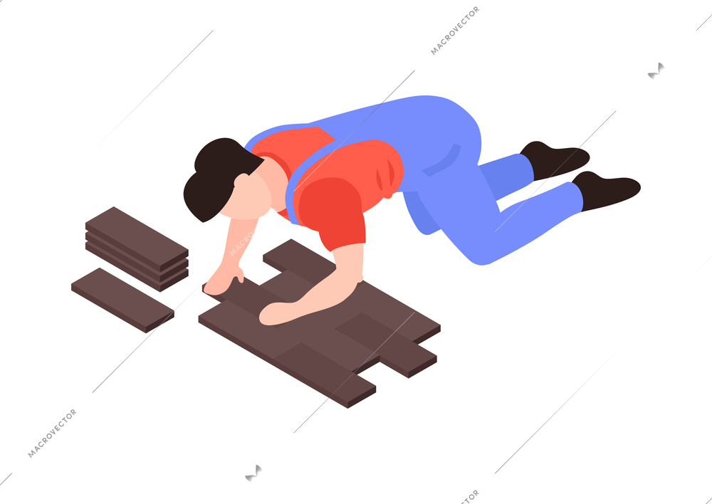 Home renovation icon with worker in uniform laying parquet 3d isometric vector illustration