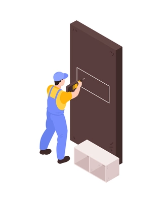 Home renovation with worker making holes with drill to hang shelves 3d isometric vector illustration