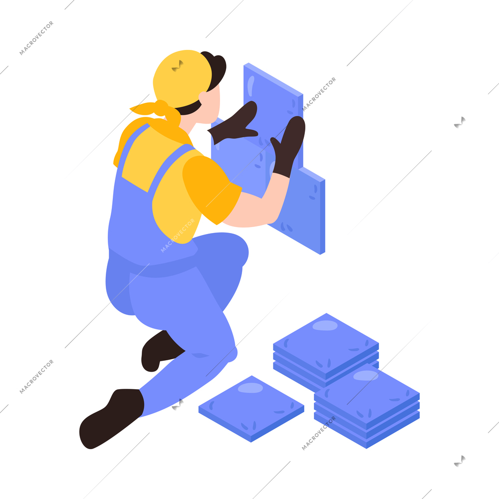 Home repair icon with isometric worker laying tiles 3d vector illustration