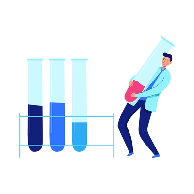 Scientist putting test tube with liquid on rack in science laboratory flat vector illustration