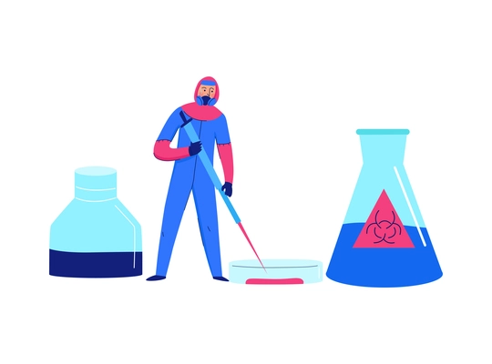 Scientist in protective suit working in biochemical science laboratory with biohazard flat vector illustration