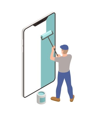 Application development isometric concept with man painting smartphone screen 3d vector illustration