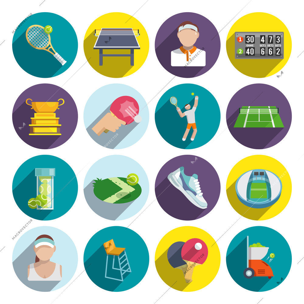 Tennis sport game flat icons set with ball field shoes players isolated vector illustration