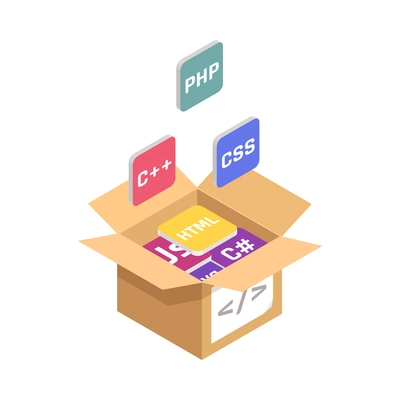 App development programming coding isometric concept with icons in cardboard box 3d vector illustration