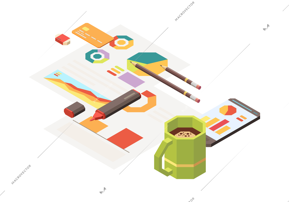 Isometric conversion rate business lead analysis concept with diagrams and charts on papers 3d vector illustration