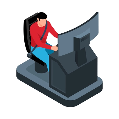 Man using virtual driving simulator 3d isometric vector illustration