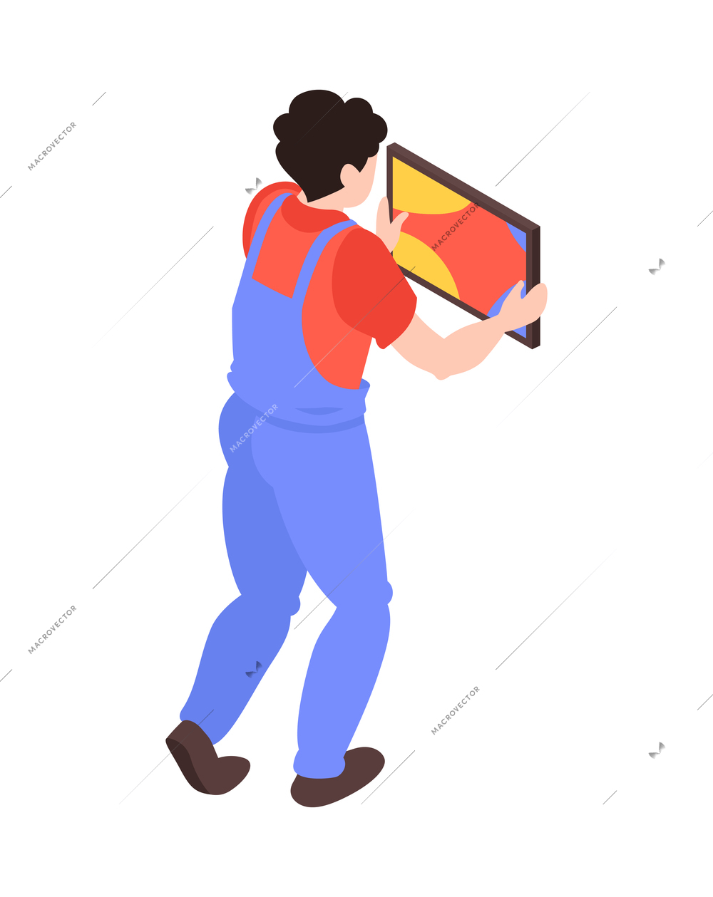 Home renovation isometric icon with worker in uniform hanging picture on wall 3d vector illustration