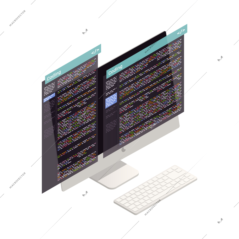 Coding application development isometric icon with computer monitor 3d vector illustration