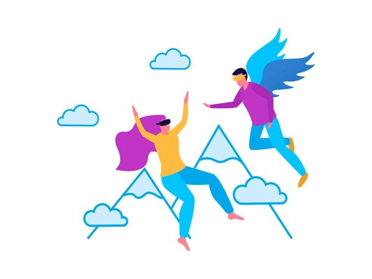 Two people in vr glasses exploring virtual reality flying in sky flat vector illustration