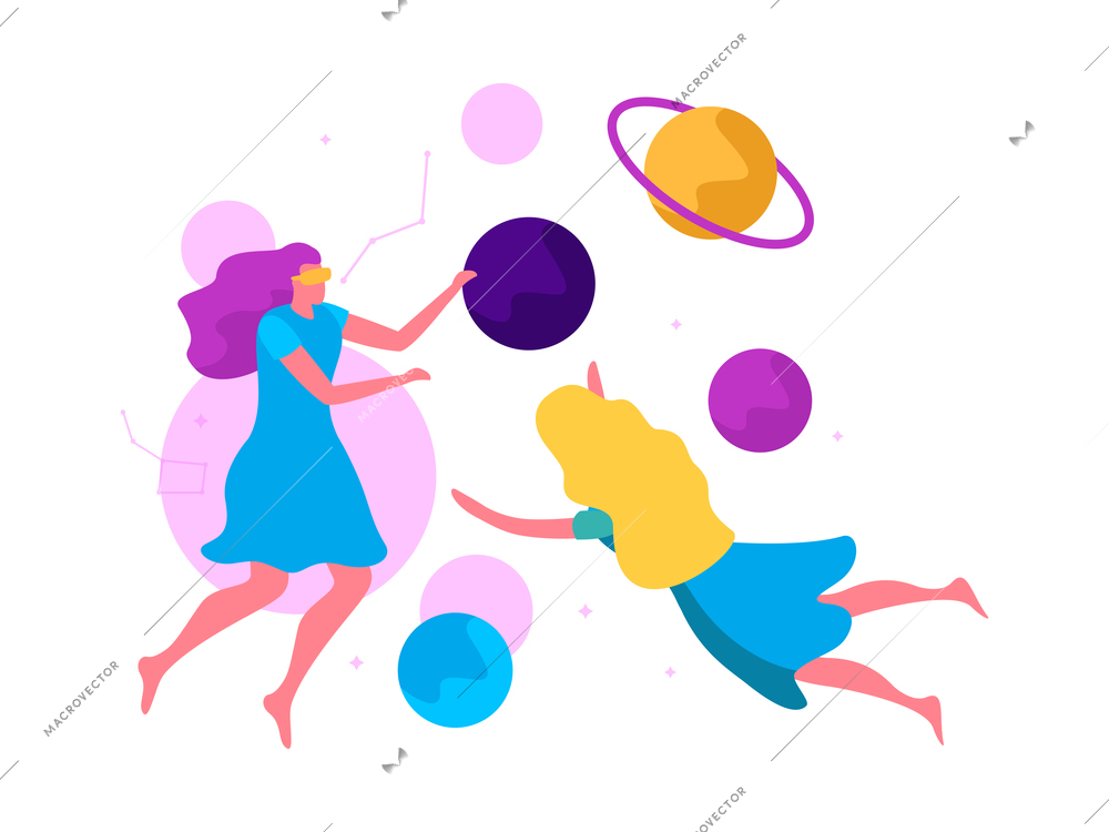 Two women exploring space in virtual reality glasses flat vector illustration