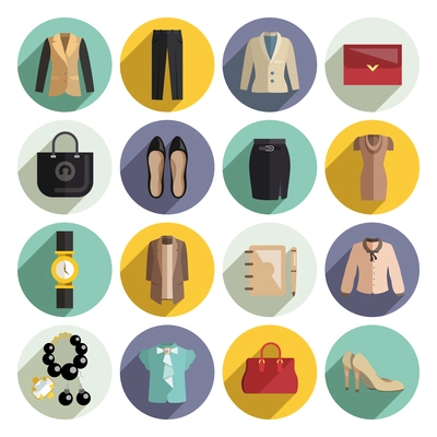 Business woman clothes icons set with purse jewellery cosmetics bag isolated vector illustration