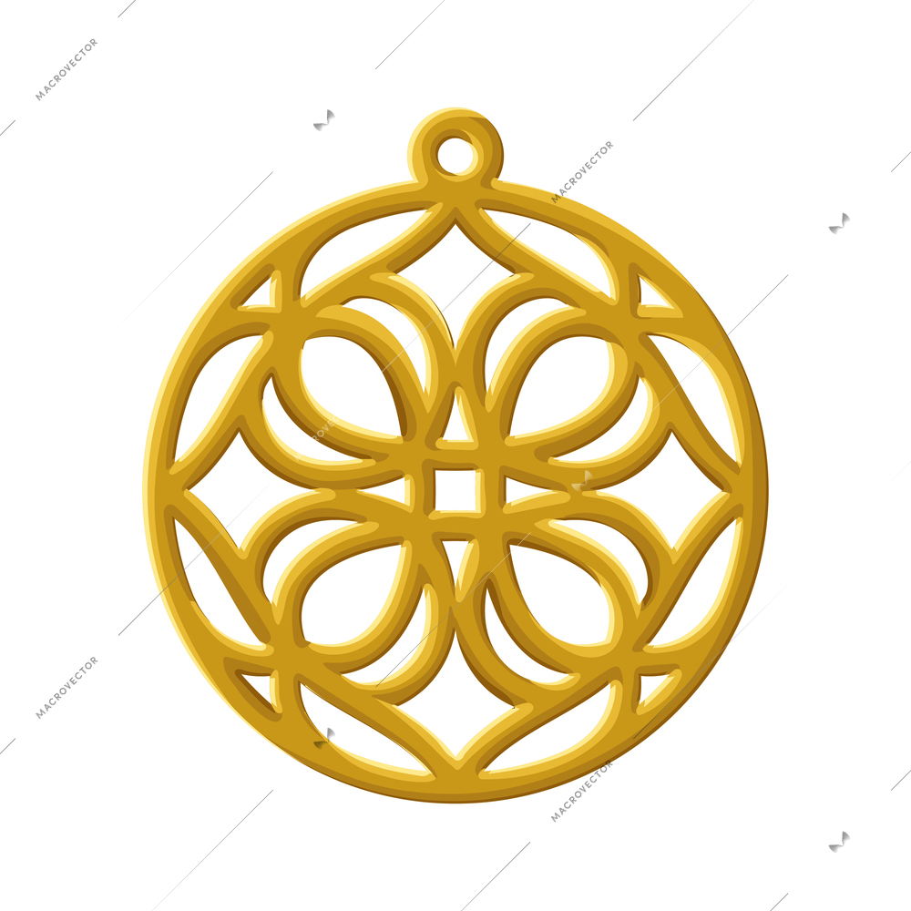 Realistic golden round pendant with ornament on white background vector illustration