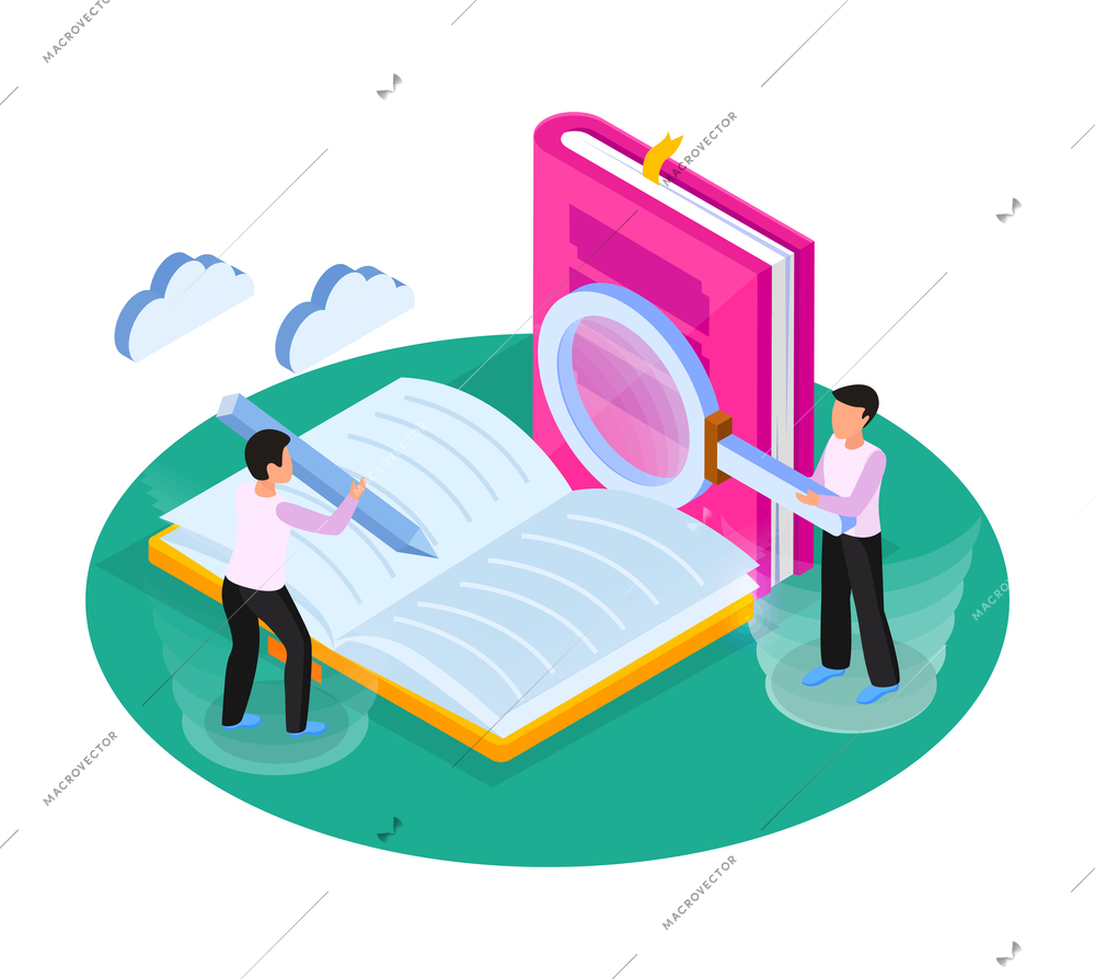 Online library isometric concept composition with two human characters studying and searching for ebooks 3d vector illustration