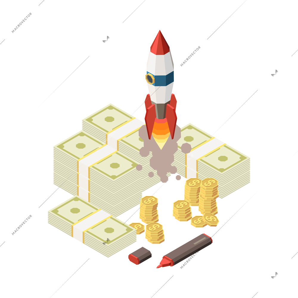 Isometric successful business strategy concept with rocket and money 3d vector illustration
